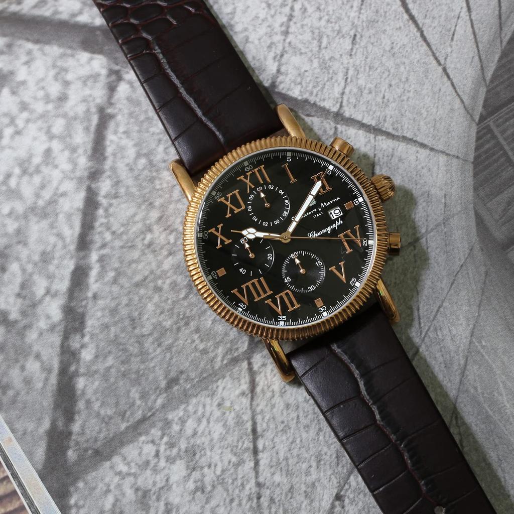 Часы-хронограф с кожаным ремешком, водонепроницаемость 5 АТМ, черный, розовое золото [Salvatore Mara], мужские SM19109-PGBK2