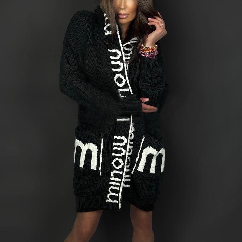 Длинный кардиган с капюшоном и монограммой, женский свитер, вязаное пальто