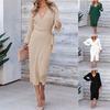 Autumn Winter Women's Knitted Long Dress Elegant V-neck Knitted Dress Sweater Dresses