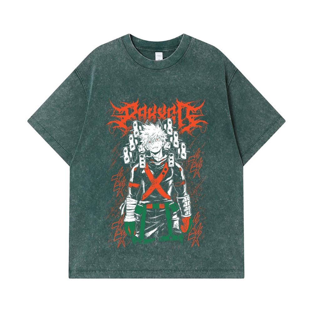 275 GSM Washed T-shirts 100% Cotton My Hero Academia V24 Bakugo Print Unisex Heavy Cotton T Shirt