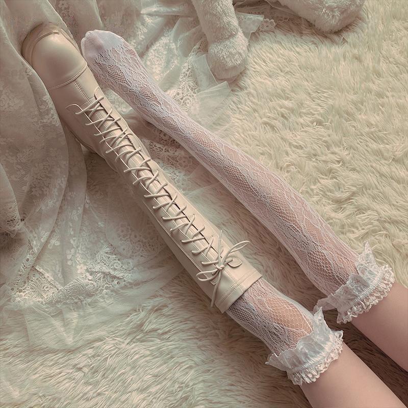 Lolita Long Tube White Lace Mesh Female Over-knee High-tube Thigh Middle-tube Calf Socks Thin Section Student Jk Black And White