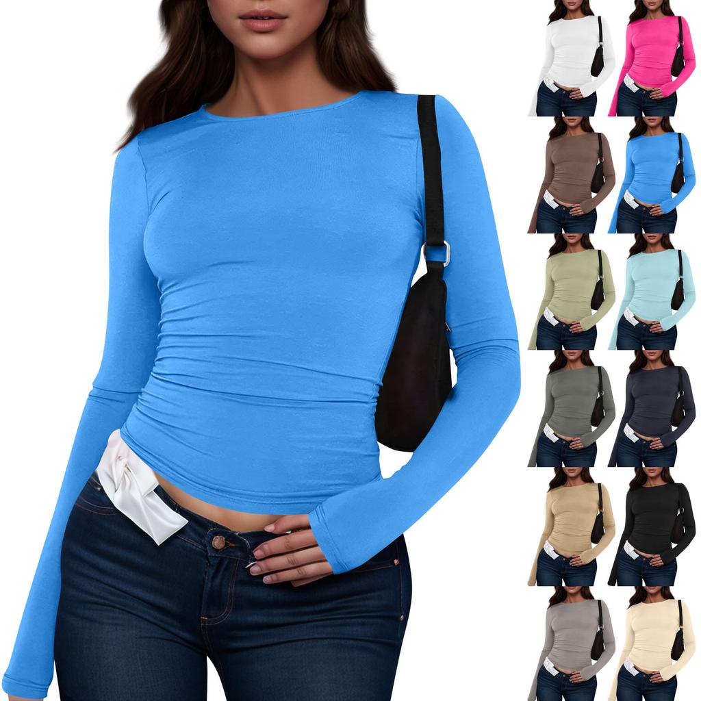 Women's Fashion Solid Colour Round Neck Long Sleeve T-Shirt Top