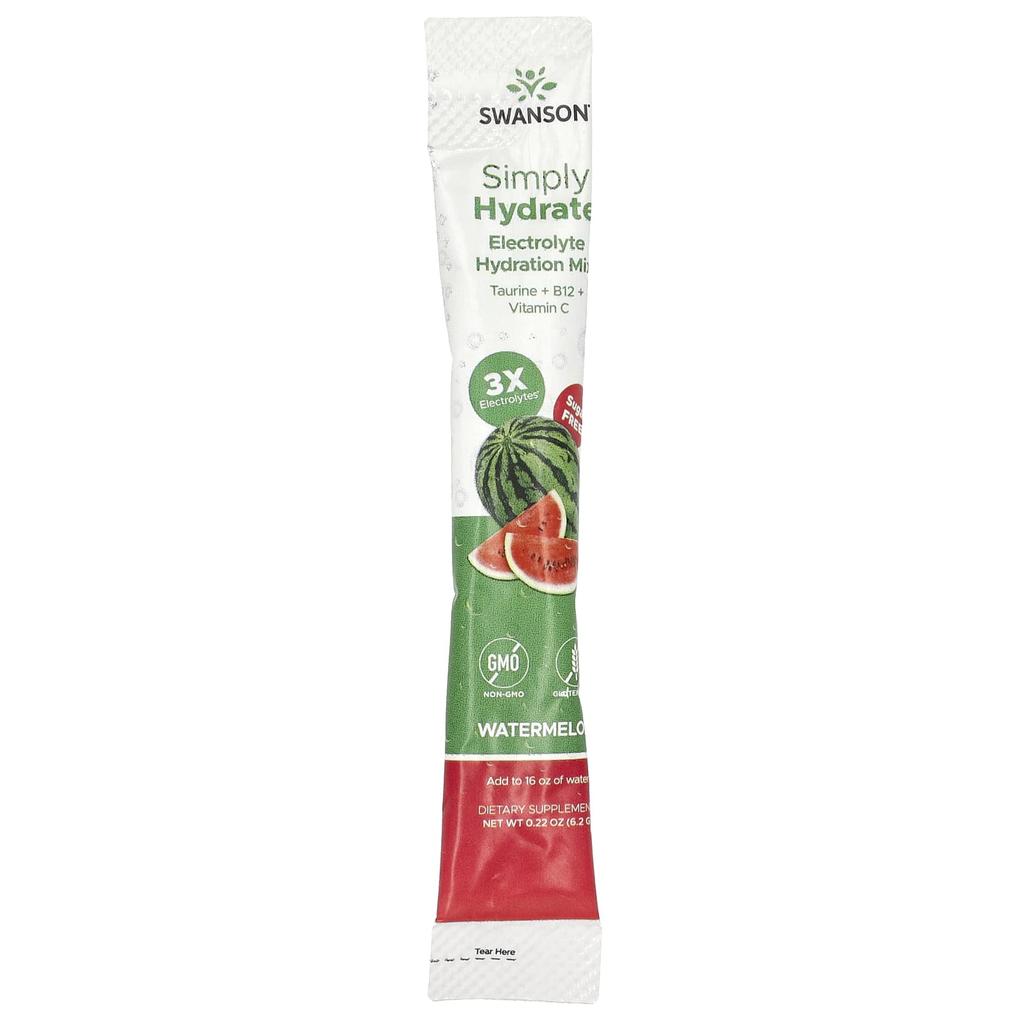 Swanson, Simply Hydrate, Electrolyte Hydration Mix, Watermelon Flavor, 30 Stick Packs, 0.22 oz (6.2 g) Each