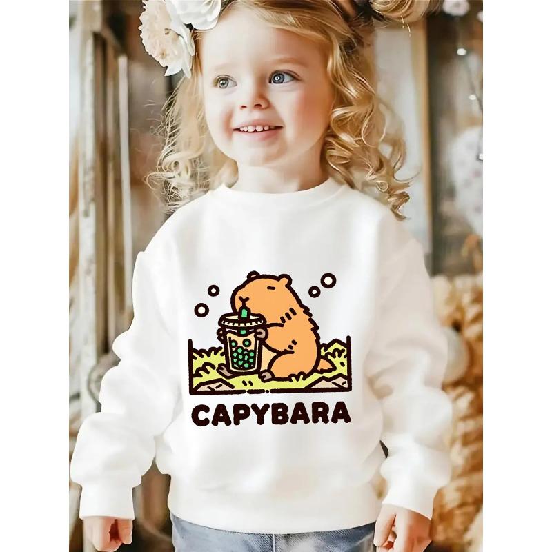 European sizes Girls' Crewneck Sweatshirt - Capybara Holding Bubble Tea Cup, Sportswear And Casual Wear, Soft And Comfortable