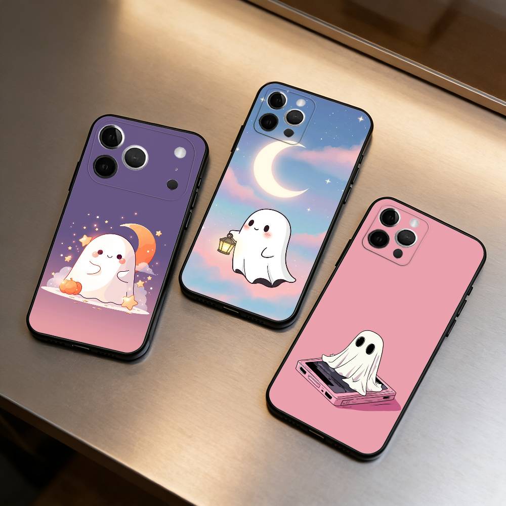 Милый Призрачный Хэллоуинский Чехол Для Телефона iPhone 17,16,15,14,13,12,11 Plus,Pro Max,Мягкий Силиконовый Черный Чехол