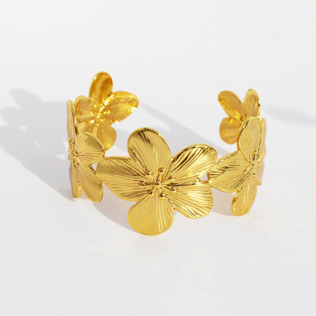 Copper Plated 24k Real Gold Exaggerated Wide Version Flower Opening Bracelet Arm Ring Accessories 888
