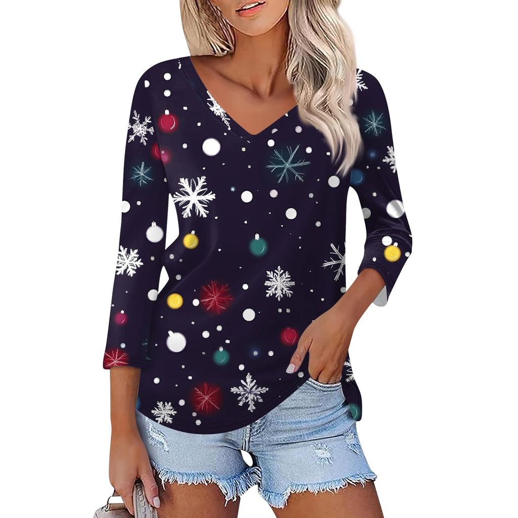 Shirt For Women's Fashion Casual V Neck 3/4 Sleeve Loose Christmas Printed T-Shirt Ladies Top