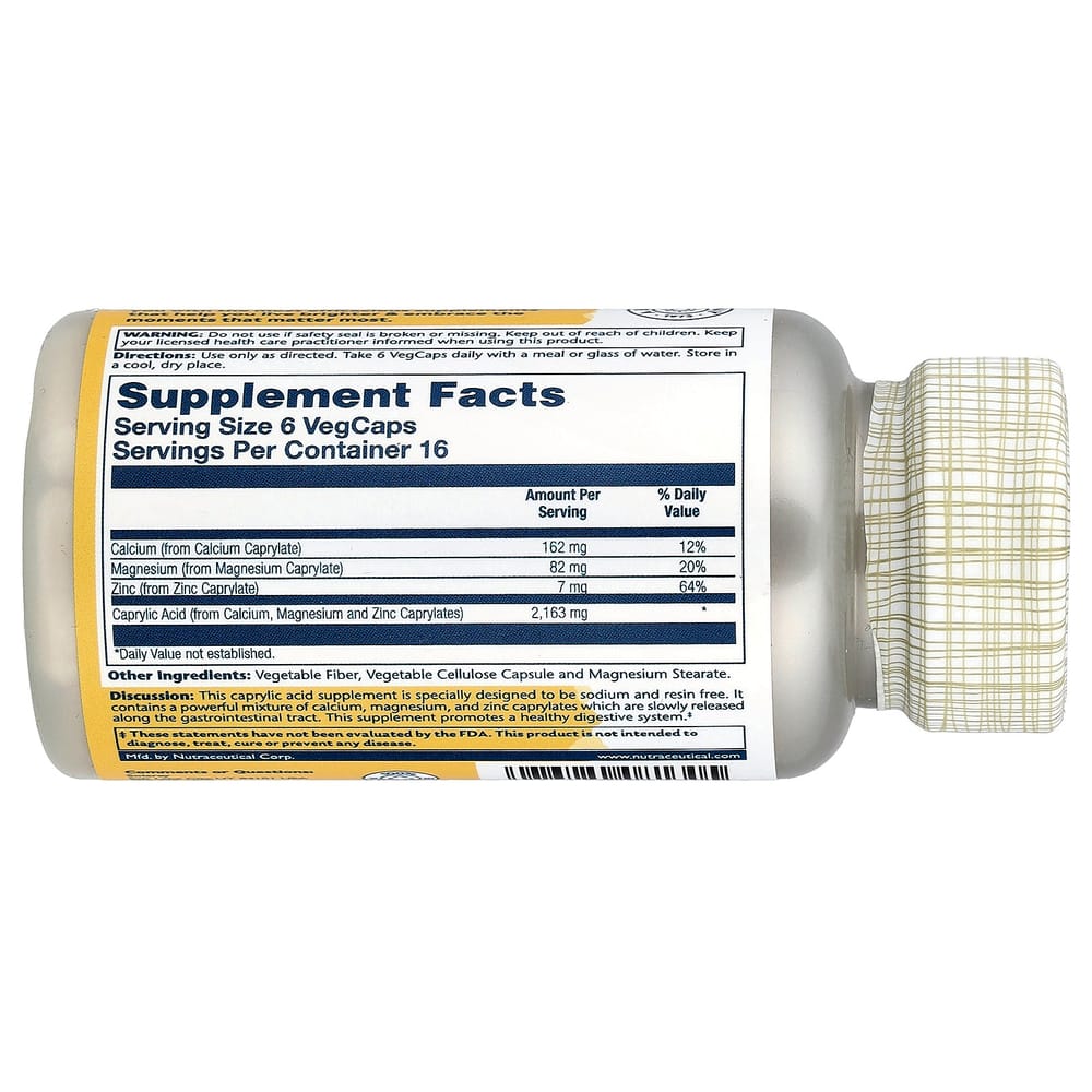 Solaray Capryl Sodium-Free Resin-Free Veggie Capsules, 100 Count