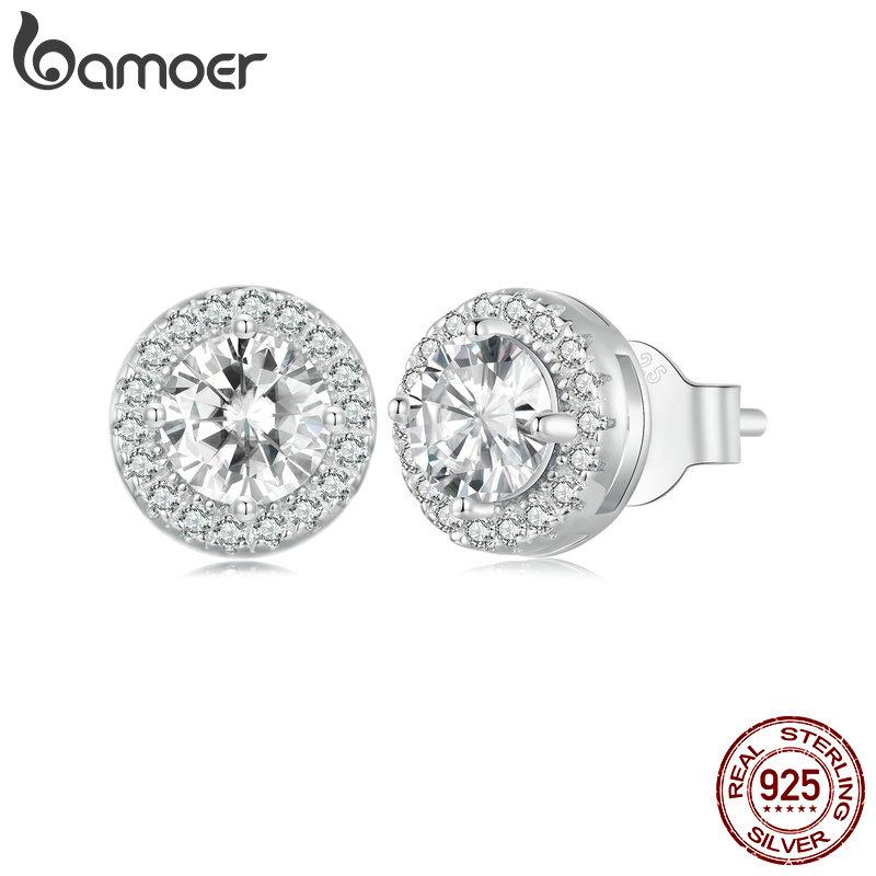 BAMOER Platinum Plated Halo CZ Stud Earrings 925 Sterling Silver Hypoallergenic Classic Elegant Earrings Fashion Jewellry