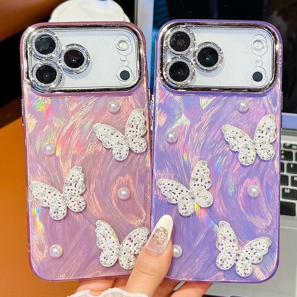 Совместимо с Apple 17 Pro Max: Защитный чехол для iPhone 16 с рисунком жемчужной бабочки, двусторонний, IMD