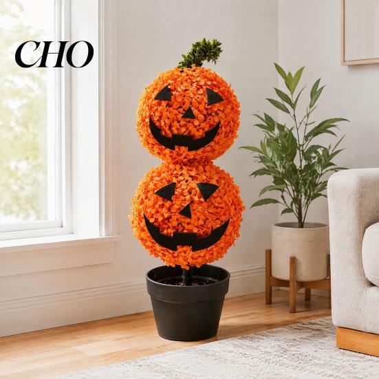 Autumn Seasonal Home Decor Artificial Pumpkin Topiary Tree, Halloween Face Faux Boxwood Plants with Stake, Indoor Party Props Fall Thanksgiving
