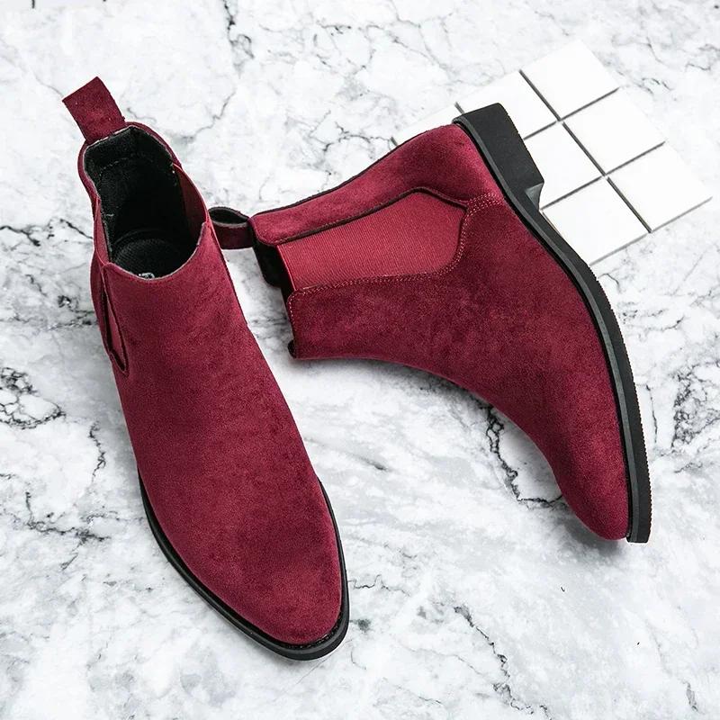 Wine Red Men Chelsea Boots Flock Round Toe Business Boots for Men with Low Heels Slip On Men Boots Bottes Pour Hommes 2024