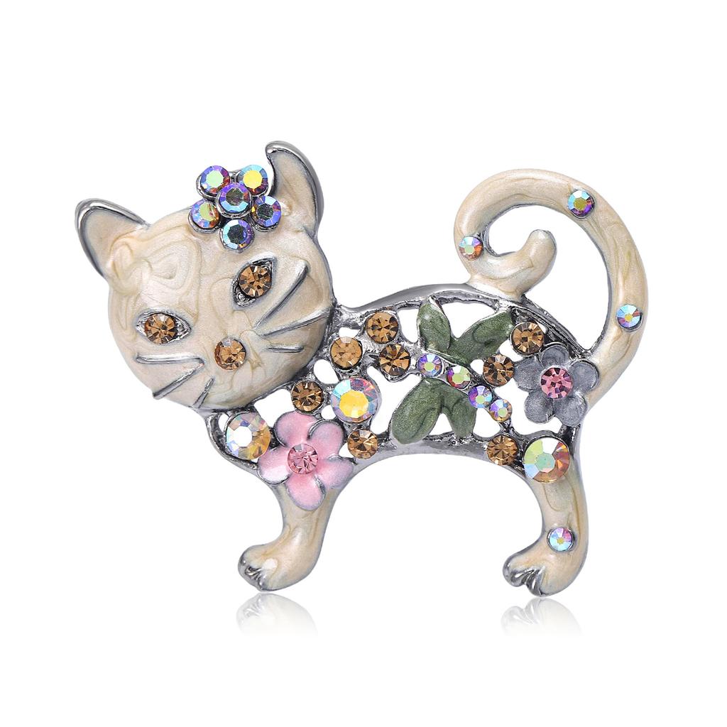 Lovely Enamel Cat Brooch Women Rhinestone Flower Animal Corsage Pins Gifts