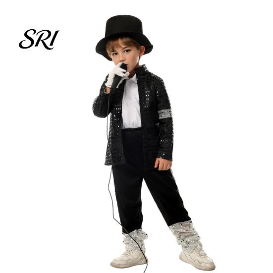 Reflective Sequin Jacket Kids Musician Halloween Costume Set for Kids, Black Jacket, Trousers, Hat, Gloves, Star 80s 90s Retro Stage Outfits