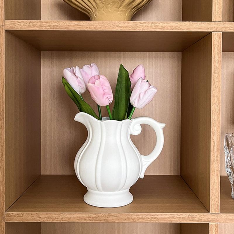 Stylish Nordic Minimalists Jugs Vases With Handle White Ceramic Flower Arrangement Pitcher Vases For Wedding Centerpieces