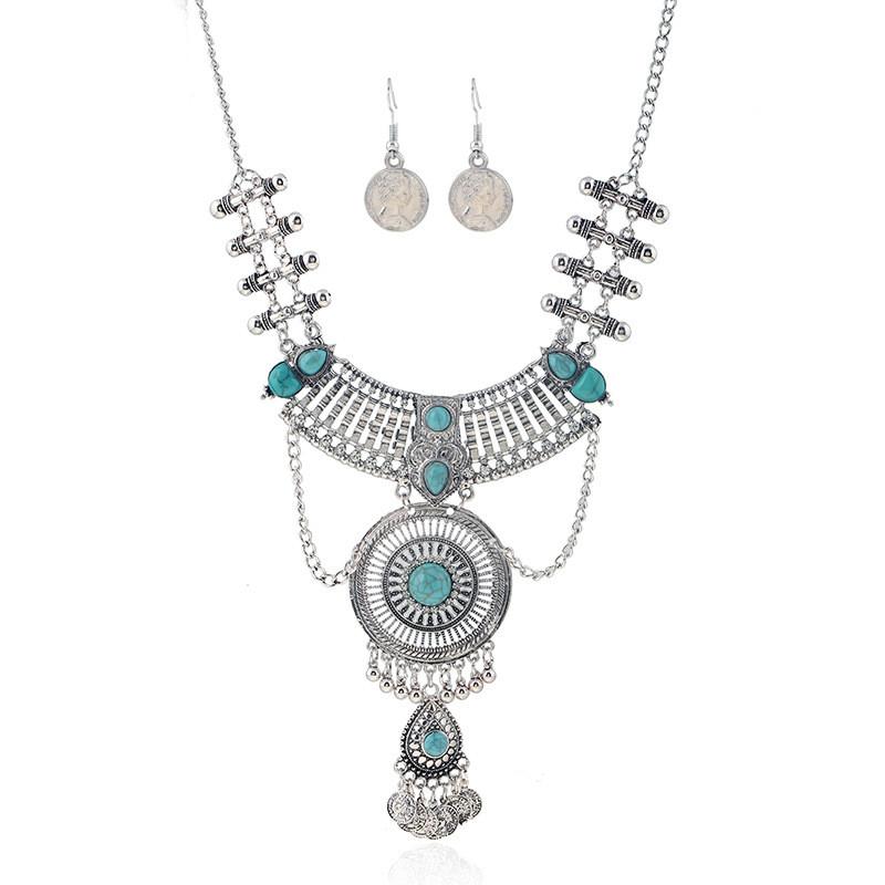 Style Ethnic Simulation Gemstone Decoration Women Necklace And Earring Set