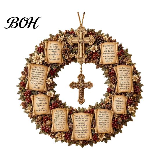 Spiritual Home Ornaments Christian Bible Verse Christmas Wreath, Pine Cones Decor, Religious Faith Hope Love Decor Scripture Wreath for Front