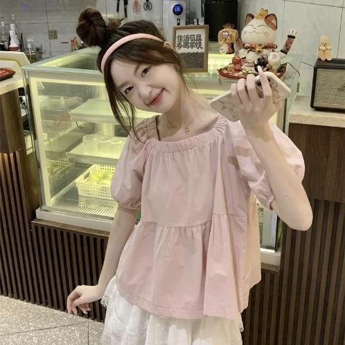 French sweet square neck doll shirt top women's spring summer new small short-sleeved shirt chic shirt top