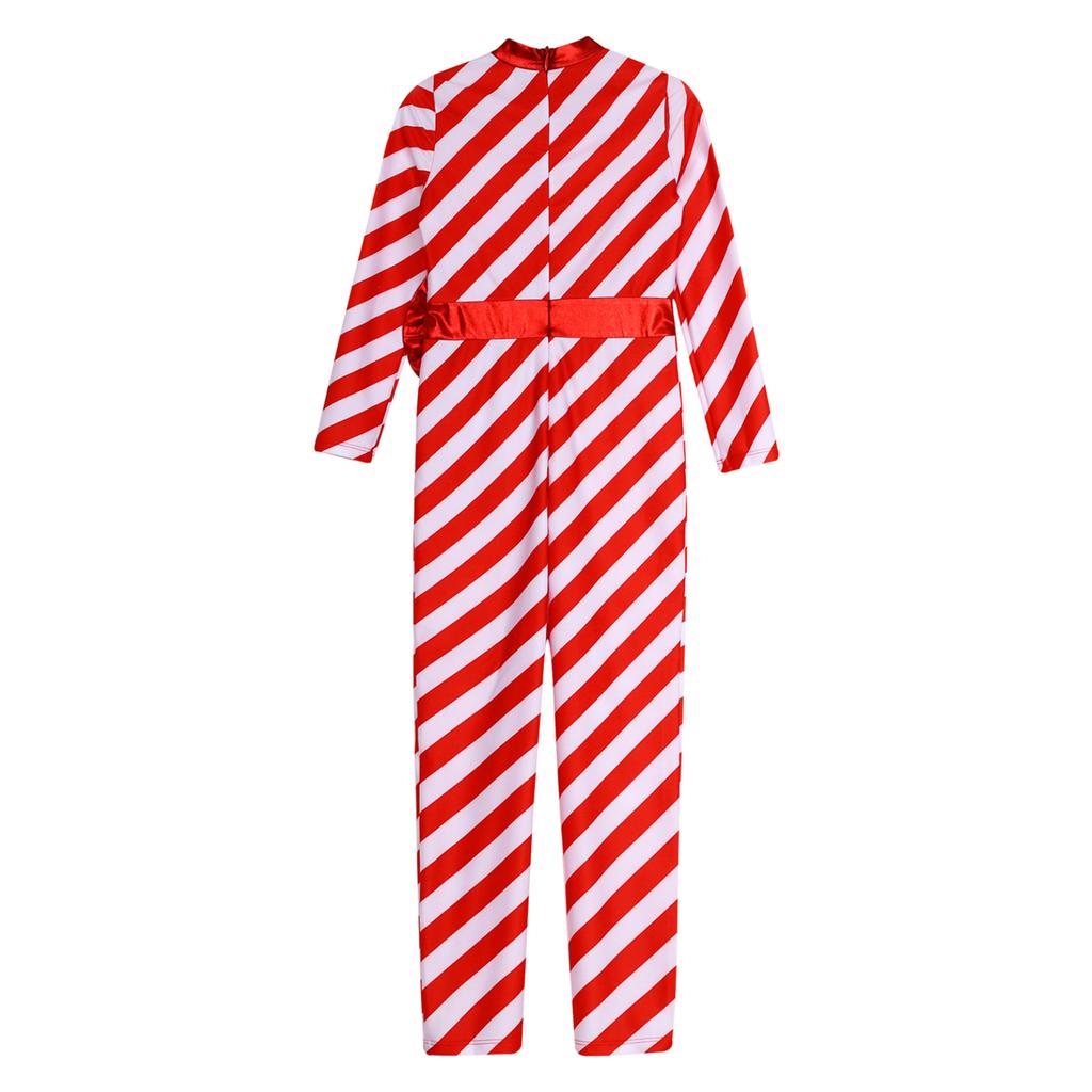 Kids Girls Candy Cane Striped Christmas Costume Long Sleeve Bow-knot Long Bodysuit Dance Jumpsuit Costume Dancewear