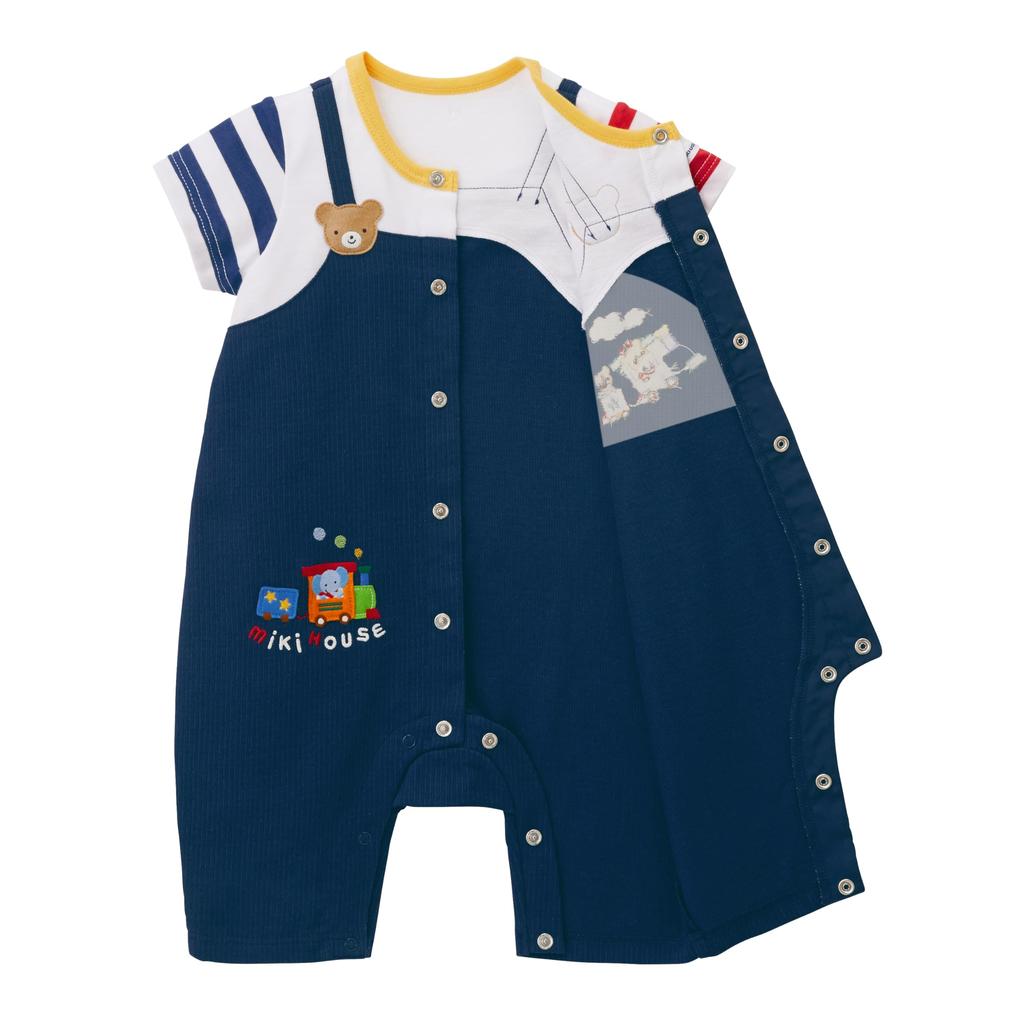 Короткие Все короткие Сделано в Baby Baby Navy Blue [MIKI HOUSE] Комбинезон, Рукава, Длина 3/4, Край, Медведь, Япония, Мальчики, Младенцы, Дети, Одежда, Детская