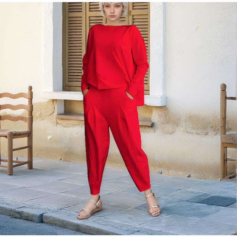 Модная повседневная рубашка с круглым вырезом и длинным рукавом, комплект из двух частей, свободные брюки, осенний однотонный костюм больших размеров с карманами, женская одежда 1846