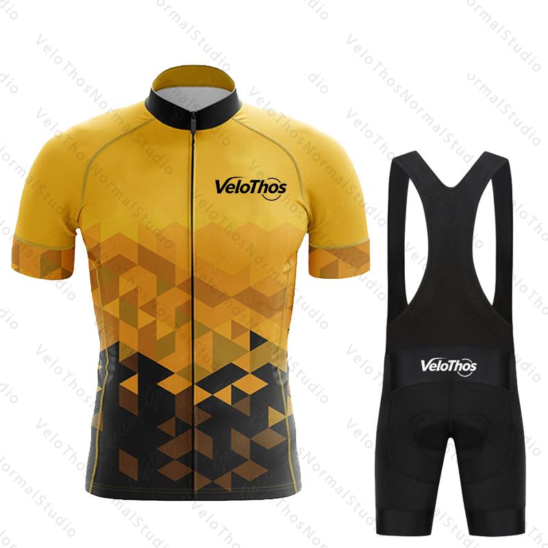 VeloThos Cycling Jersey Set Short Sleeve and Bib Shorts Pro Race Bicycle Clothing Ropa Maillot Summer for Men Sport Camping