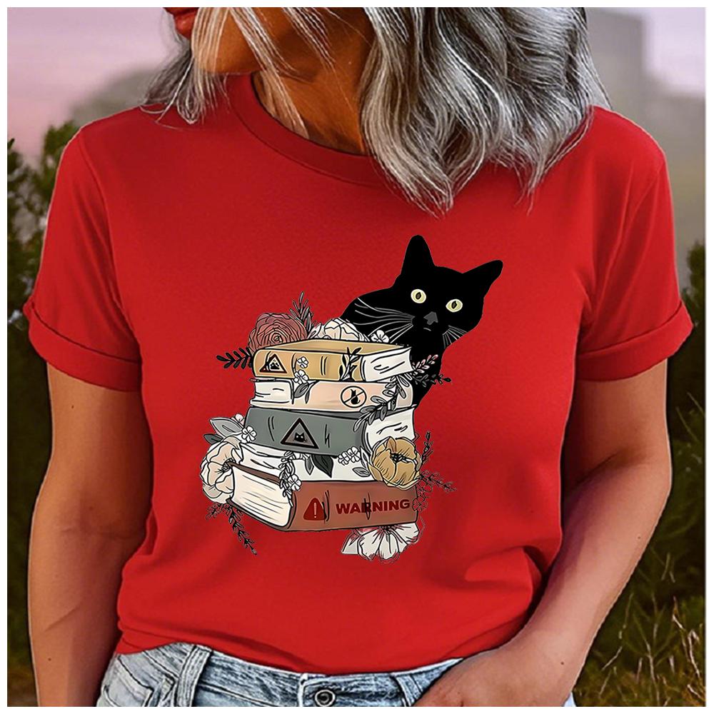 Unisex 100% Polyester Black Cat Print T-Shirt Loose round Neck Casual Short Sleeve Fashion Top for Summer Vintage Artistic Style