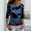 Women Autumn Tops Loose Graffiti Butterfly Print Causal Long Sleeve T-shirt Top Blouse