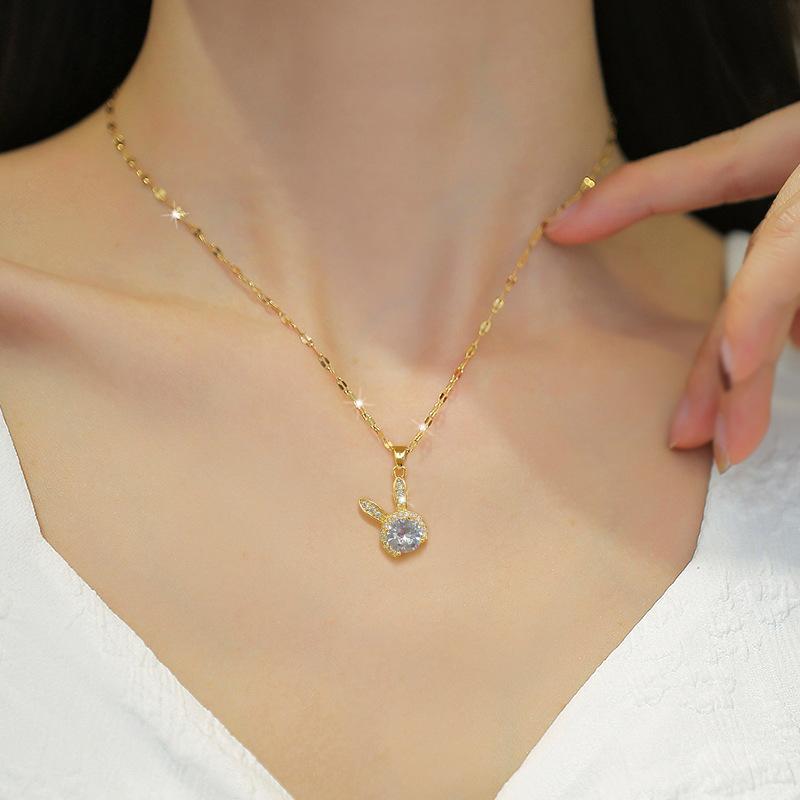 Titanium Steel Binaural Rabbit Luxury Banquet Wedding Necklace Female Versatile Collarbone Chain Titanium Steel