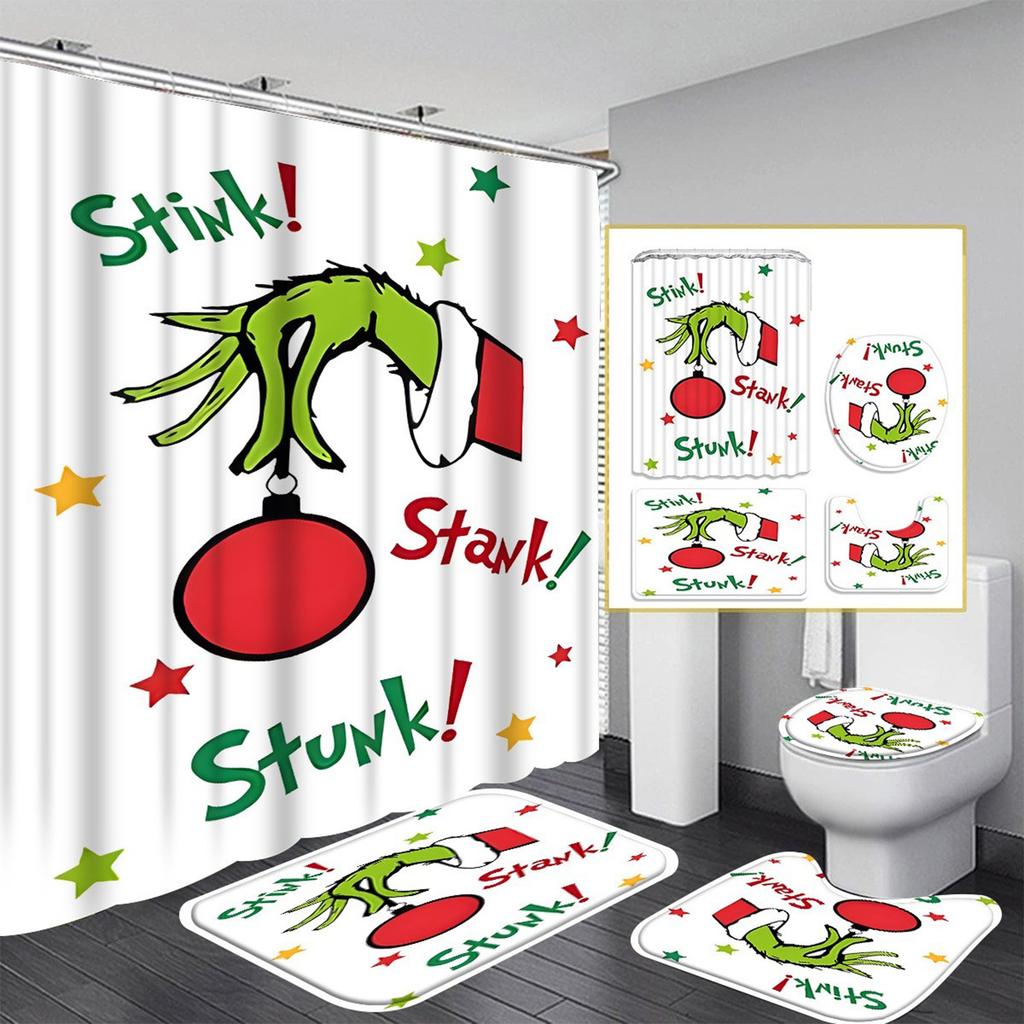 Рождественский узор с зелеными волосами Набор из четырех предметов для занавески для душа с 12 крючками Полиэстеровая водонепроницаемая занавеска для душа.
