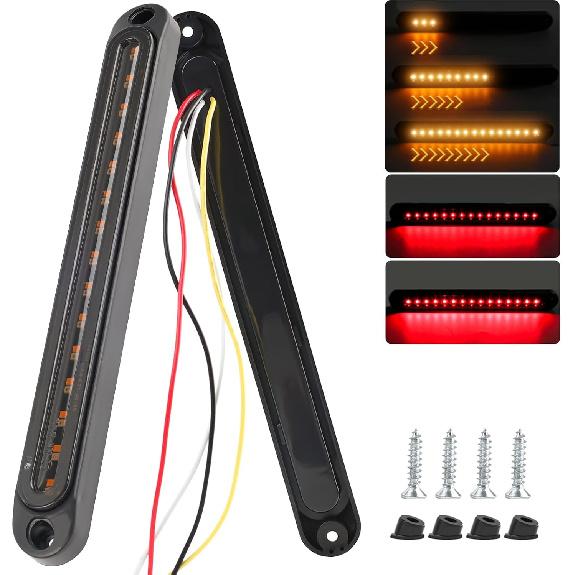 10" Trailer LED Rear Lighting Strip, Red & Amber Sequential Third Led Brake Turn Signal Lights, 10 Inch Waterproof Sequential Flashing Light Strip