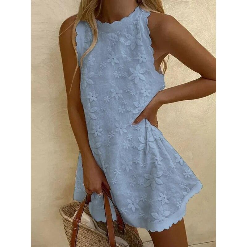 2023 летние женские белые элегантные платья без рукавов с цветочным принтом и вышивкой, повседневное свободное платье трапециевидной формы с круглым вырезом 27884