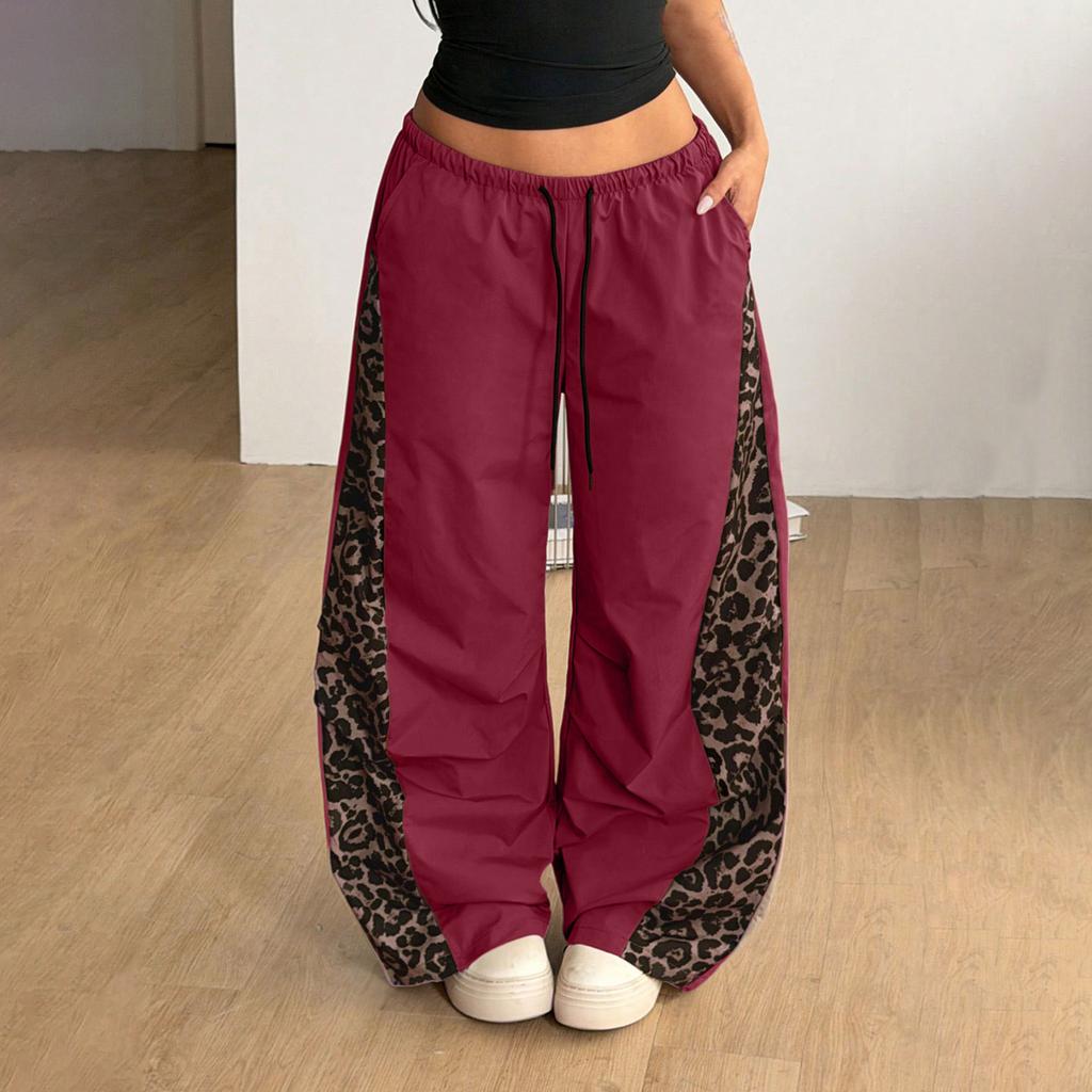 Women's Leopard Print Wide Leg Pants with Elastic Waist and Flowy for Casual Wear