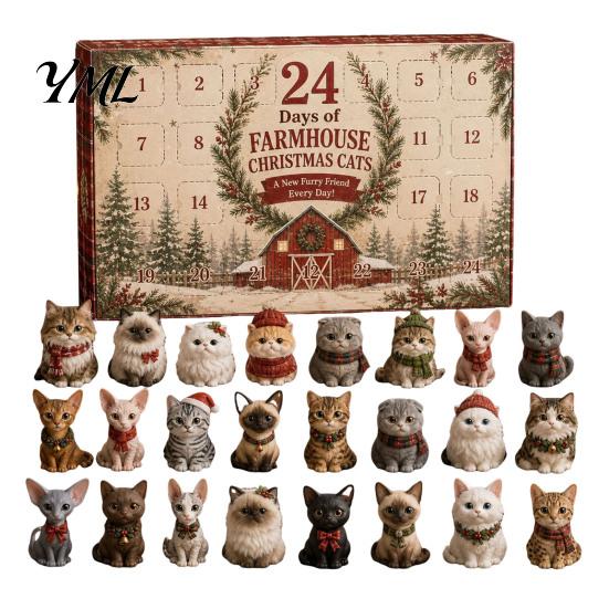 Cute Cat Collection Christmas Advent Calendar, 24 Day Countdown with Ornaments, Calendar for Girls 2D Acrylic Kitty Holiday Decorations, Gift