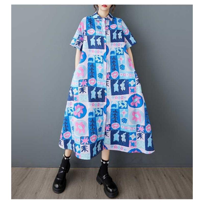 Women's Short Sleeved Loose Fashion Printed Mid Length Shirt Dress