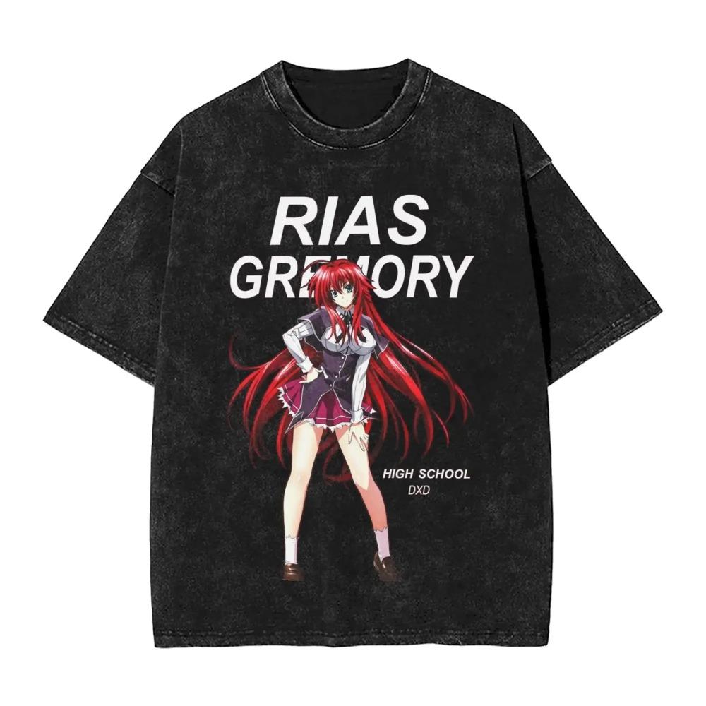 High School DxD Риас Гремори Винтажная Аниме Футболка, Унисекс Отаку Уличная Одежда Футболка, Стиранный Хлопок Повседневный Топ с Коротким Рукавом