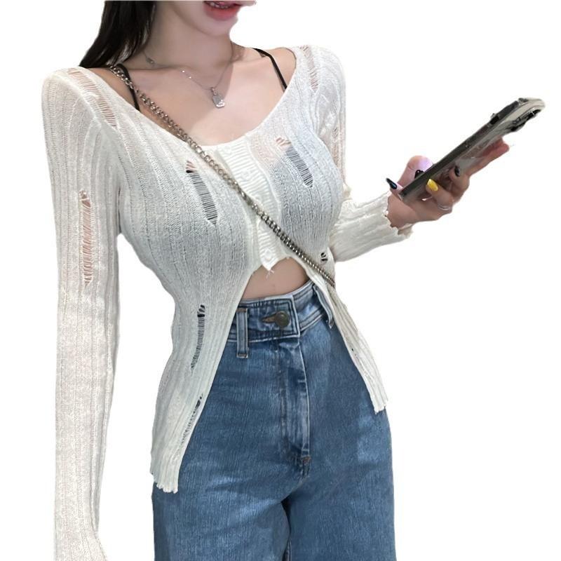 Sheer Knit Sweater With Hollow Out Pattern For Autumn Casual Wear