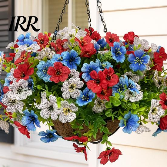 Decorative Flower Basket Artificial Hanging with for Outdoors, 4th of July Patriotic Faux Violet Flowers Flowers, UV Resistant Fake Plants