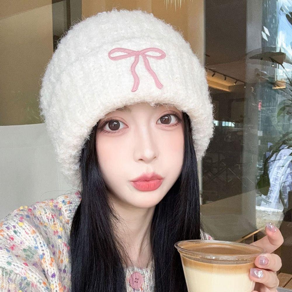 Теплая шапка с бантом, вязаная шапка, однотонная вязаная шапочка, милая вязаная крючком шапочка для бассейна, для улицы