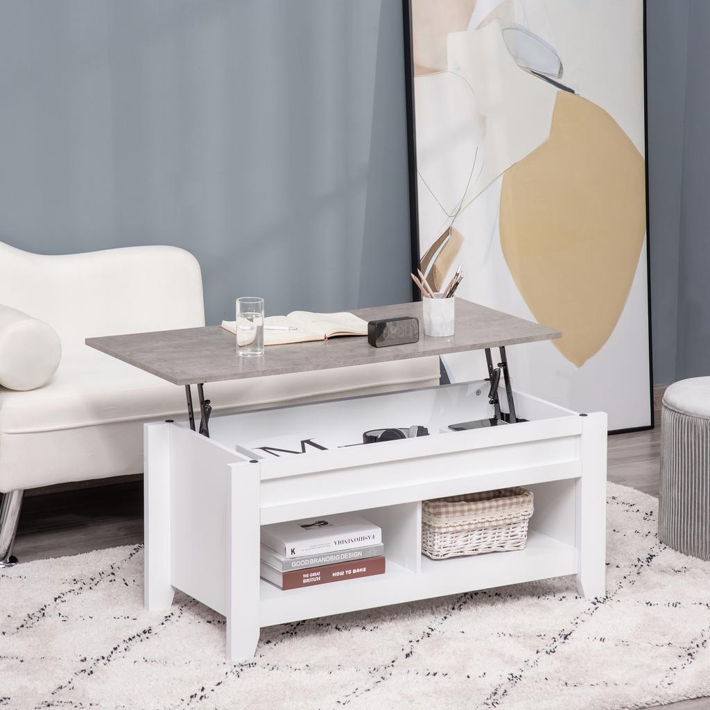 Lift-Top Coffee Table Coffee Table with Lift-Top Surface 2 Open Compartments and Hidden Storage Space 105x50x49 cm White and Marble Effect
