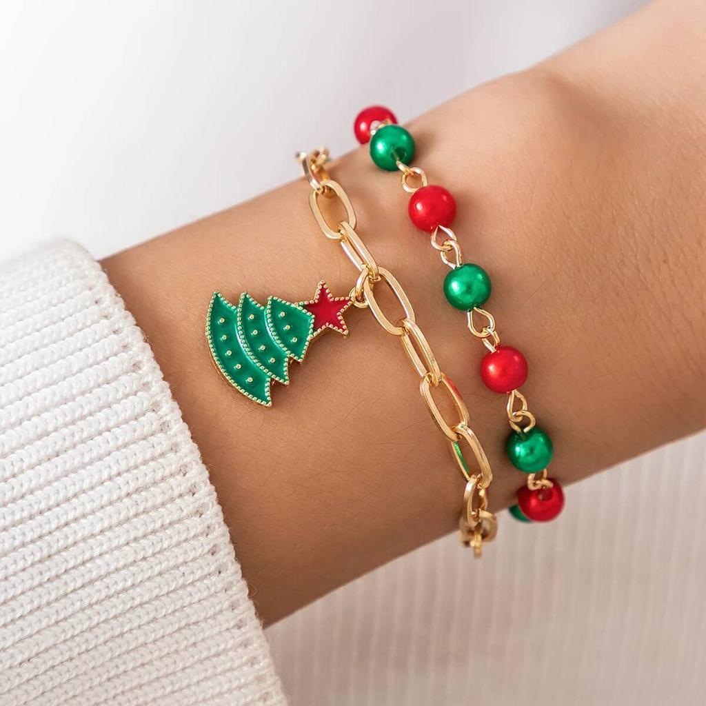 Salircon 2 Pcs/set Cute Christmas Tree Pendant Bracelet Women Trendy Red Green CCB Beads Metal Chain Bangles Couple Jewelry Gift