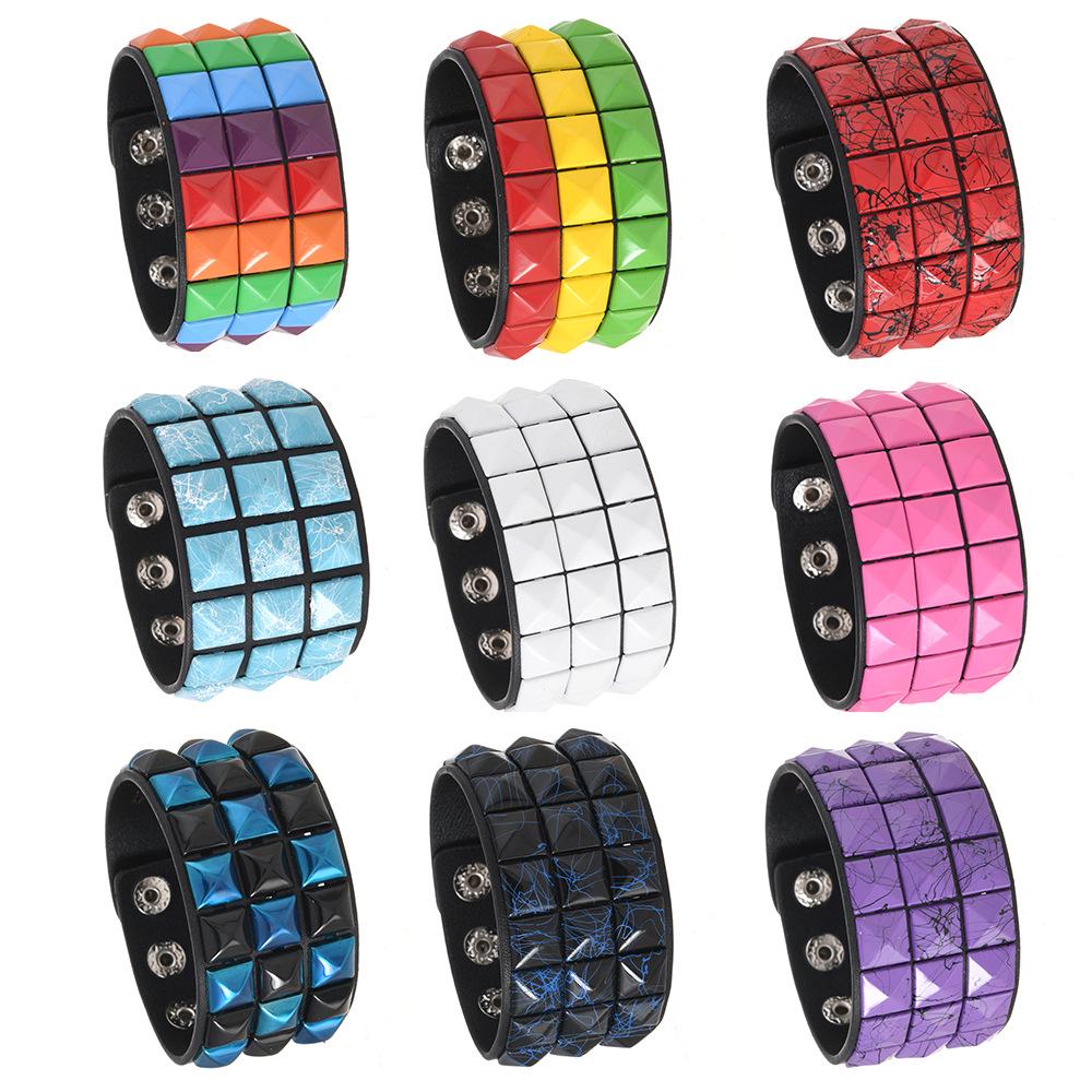 Multicolor Square Stud Faux Leather Bracelet - Punk Style