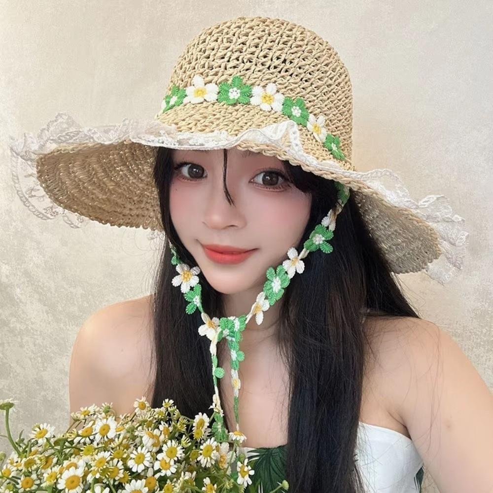 Breathable Flower Straw Hat Lace Trim Beach Hat Women Visor Bucket Hat Seaside Vacation