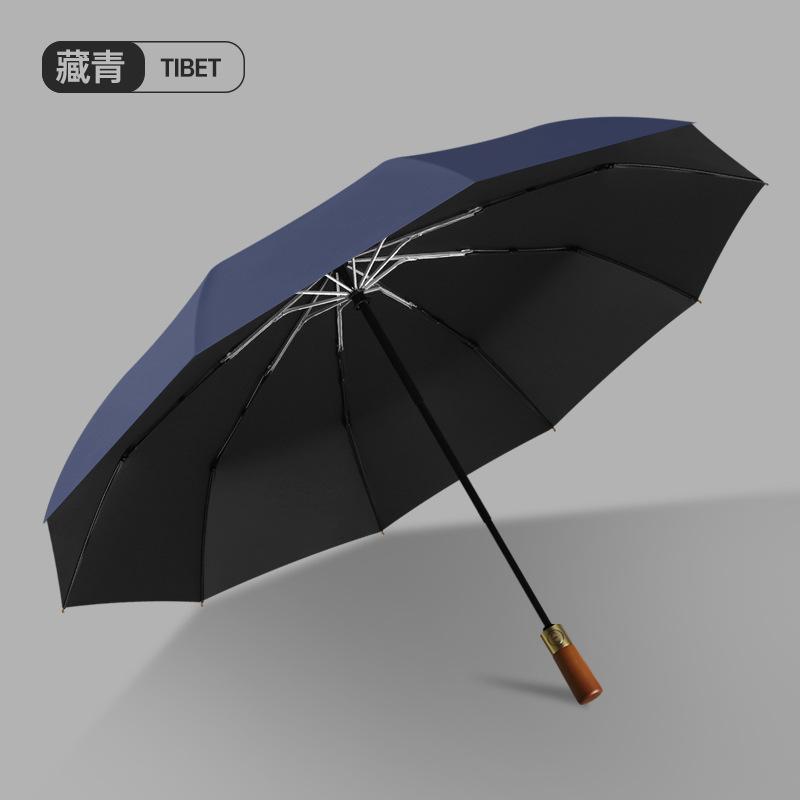 Three-fold 10-bone Automatic Double Umbrella, Solid Wood Handle, Aluminum Alloy Skeleton, Vinyl Fabric, UV-proof Sun Umbrella