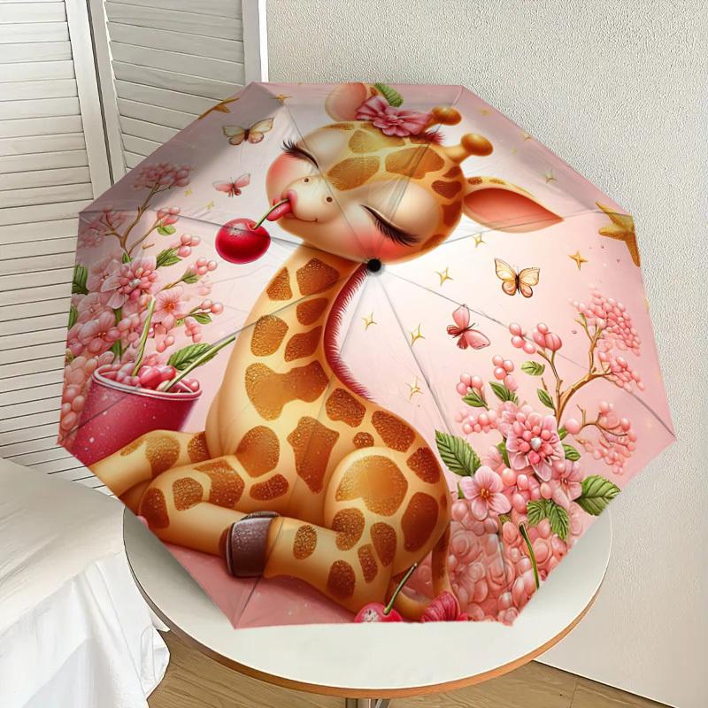 1pc giraffe, cherry Automatic Open/Close Umbrella Compact Folding Umbrella with 8-Rib Shaft for Women/Men, Elegant Birthday1123S