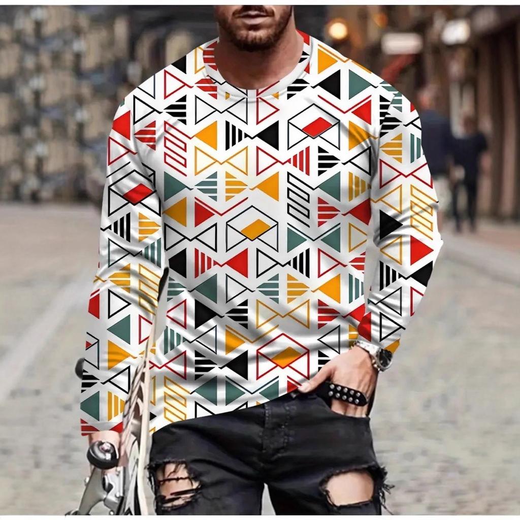 Summer Round Neck Geometric Pattern 3D Print Top Fashionable Casual Short Sleeved Men's T-shirts