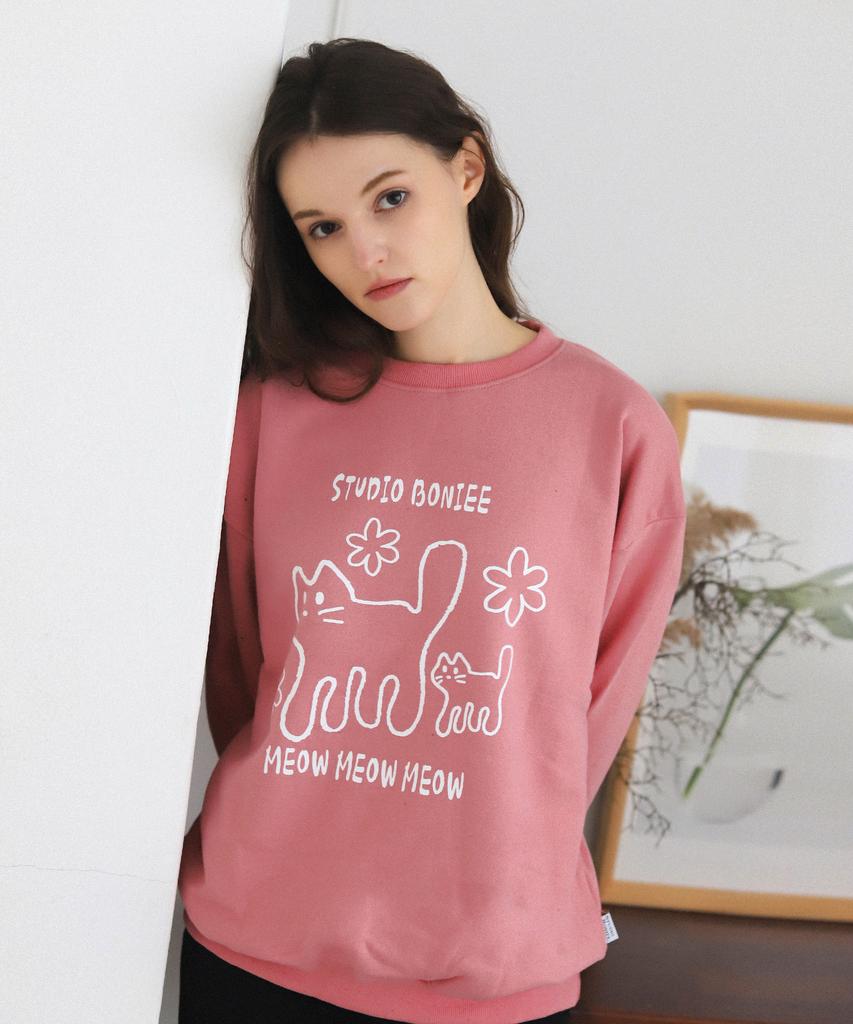 BONIEE [Fleece Lined Selection] Meow Cat Kitten Oversized Sweatshirt Pink