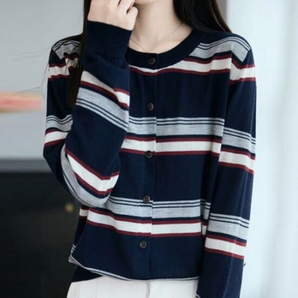 Navava Women Color Block Round Neck Long Sleeve Knit Cardigan Nk3204
