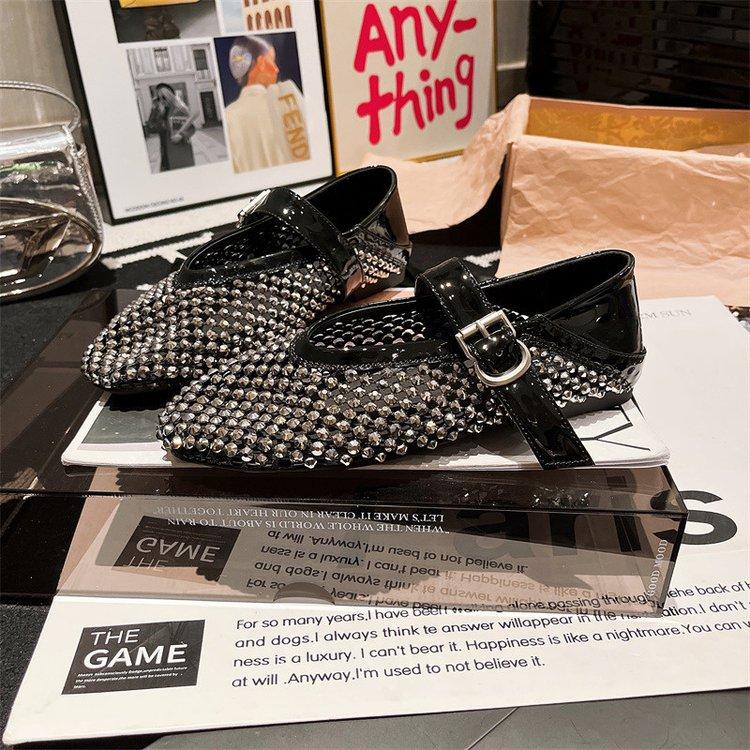 Версия из мягкой кожи~ Европейские стразы, полностью усыпанные бриллиантами, ажурные, одно слово Мэри Джейн, плоская подошва, одинарная обувь, головка сумки, сан