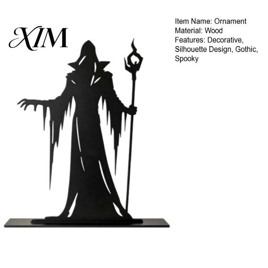 Dark Wizard Silhouette Ornament Wooden Gothic for Halloween Tabletop Decoration, Black Hollow Craft Windowsill Witch Statue with Scepter Home